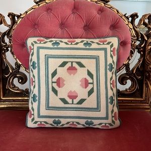 Vintage needlepoint accent pillow floral print pillow